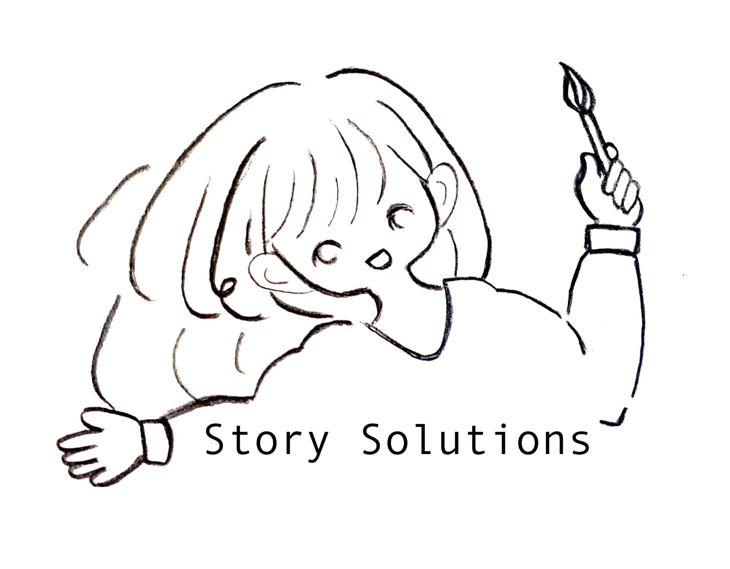 A black and white drawing of a woman with a brush in her left hand and gesturing to the company name with her right hand. The company logo says Story Solutions.